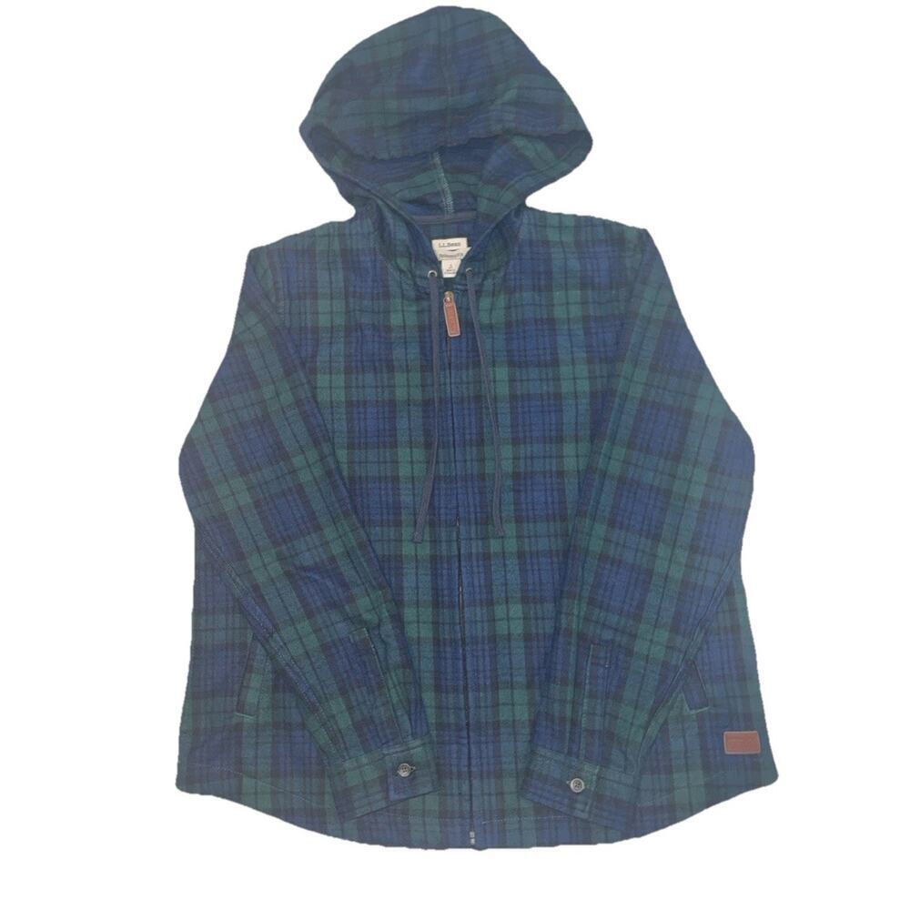 L.L.Bean Blackwatch Plaid Hooded Jacket Mens S Relaxed Fit Flannel Zip